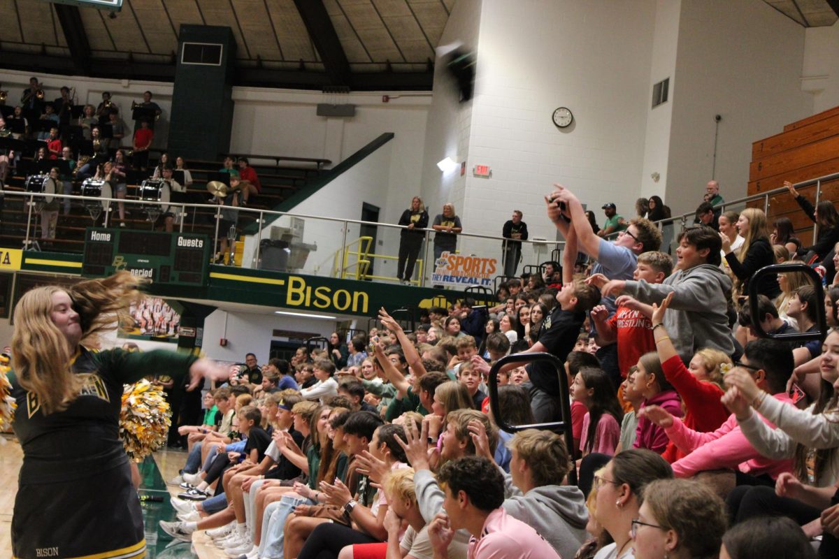 Sections of the student body clamoring to win a free t-shirt!
