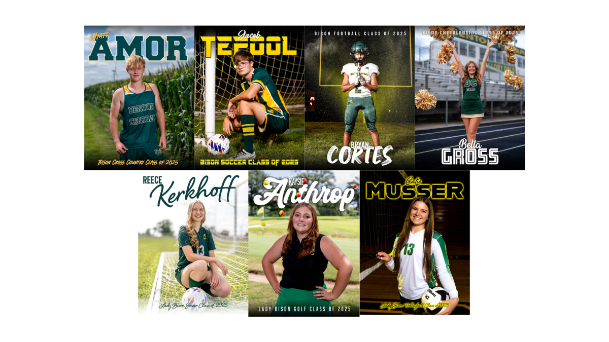 Wyatt Amor, Jacob Tepool, Byran Cortes, Bella Gross, Reece Kerkhoff, Kaysie Anthrop, and Catie Musser in their Senior Sport Portraits, respectively. 