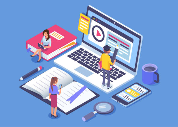 Online education concept banner with characters. Can use for web banner, infographics, hero images. Flat isometric vector illustration isolated on white background.
